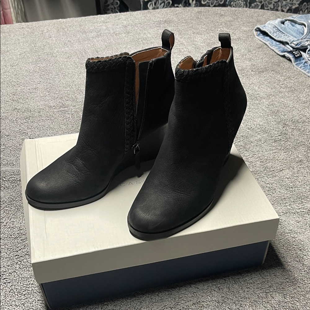 Woven-Trim Black Wedge Ankle Boots
